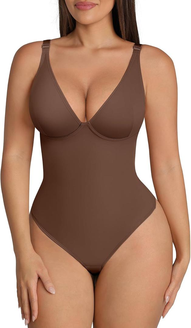 FeelinGirl Shapewear Bodysuits for Women Tummy Control Body Suits Deep V Neck Thong Body Shaper (XX-Large, Chocolate)