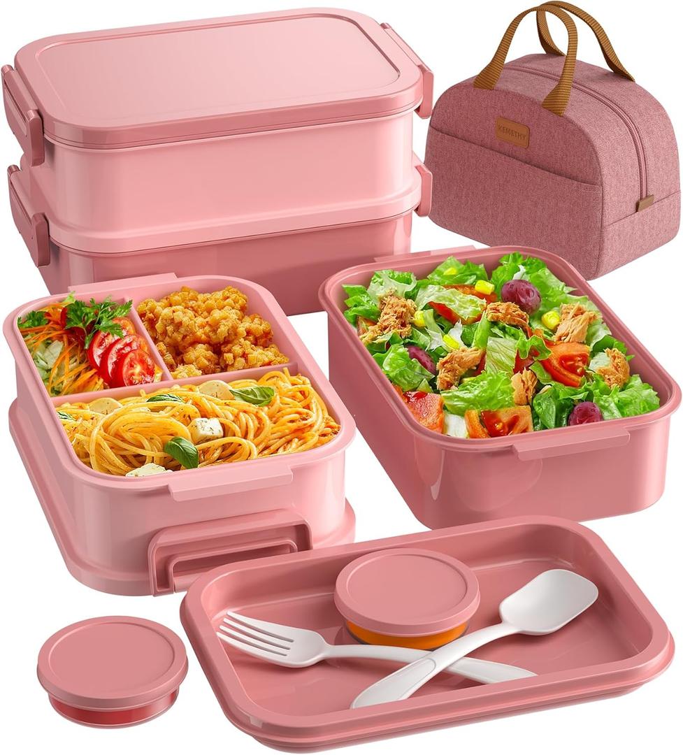 KEMETHY Adults Bento Lunch Box Set with Thermo Bag, 74oz Stackable Leak-proof 3-tiers Bento Box, Built-in Utensil and Sauce Container for Work, School, Dining Out (Pink) 2 Pack