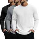 Evervibe 3 Pack Men's Big and Tall Long Sleeve Shirts, Waffle Crew Neck Thermal Underwear Tops Lightweight Casual Undershirts (Black, XXXL)