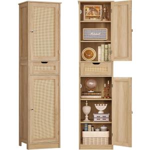 TEENFON 67" H Tall Storage Cabinet with 2 Rattan Doors and 1 Drawer, Narrow Rattan Cabinet with Adjustable Shelves, for Living Room, Entryway, Kitchen, Natural, 11.8"D x 15.7"W x 67.1"H