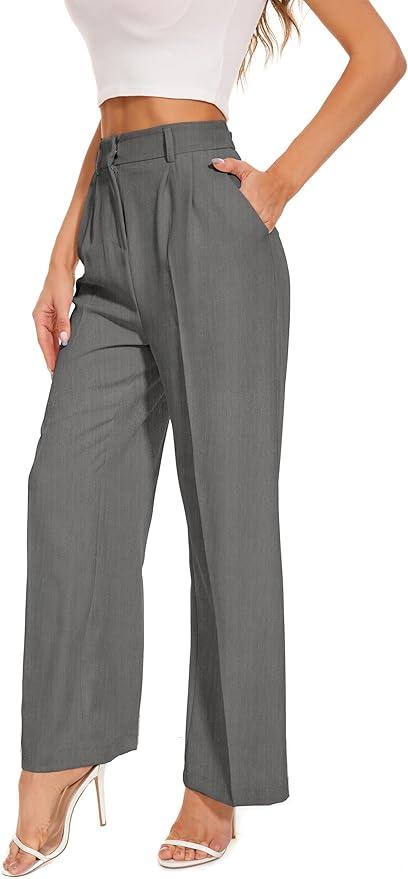 FUNYYZO Wide Leg Pants Women's High Elastic Waisted in The Back Business Work Trousers Long Straight Suit Pants Gray L Short