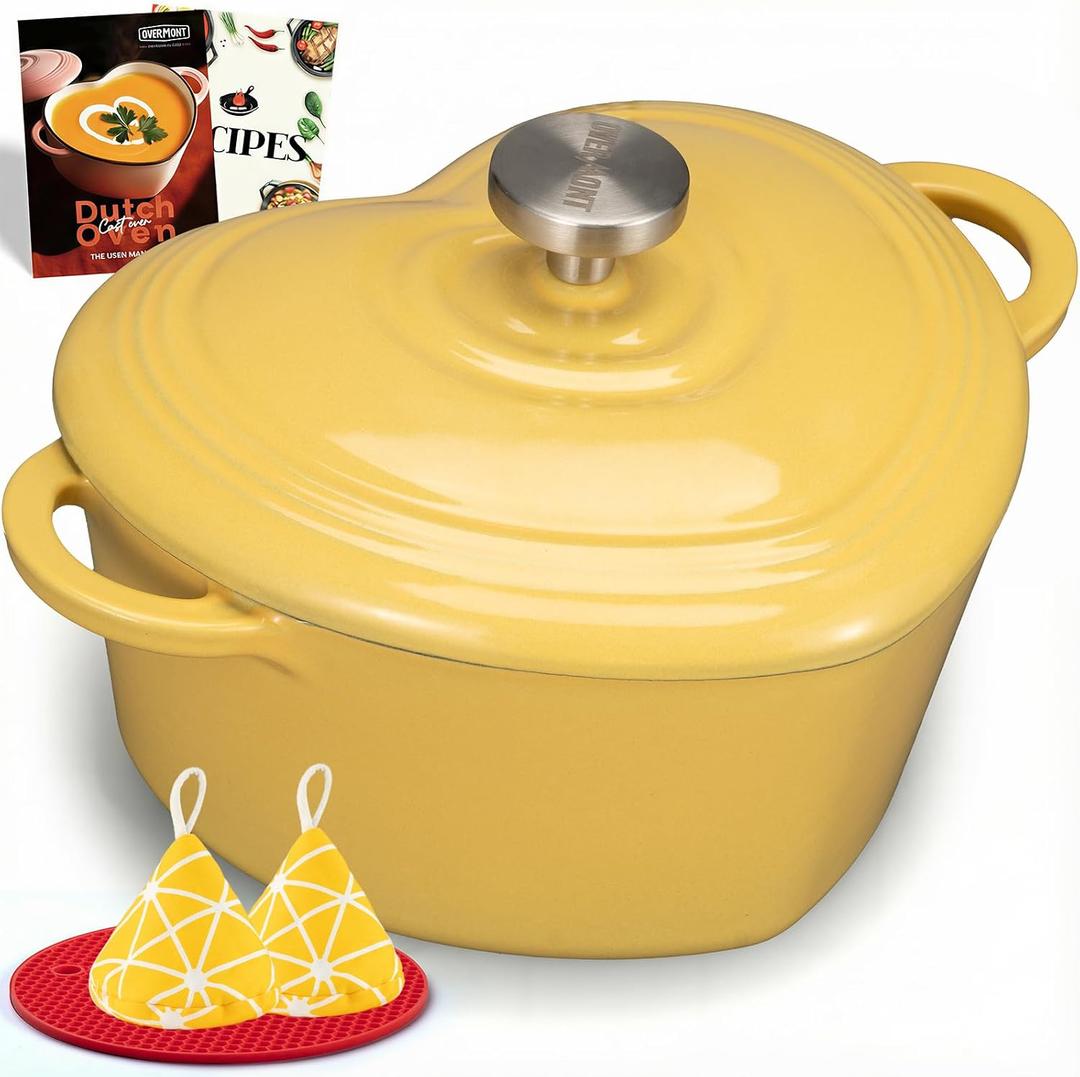 Overmont Enameled Cast Iron Dutch Oven - Heart-Shaped Pot with Lid Cookbook & Cotton Pot Holders - Mini Cookware Oven Safe to 500F for Sourdough Baking Soups Stews - Great Gift for Wedding Birthday Housewarming 2QT Yellow