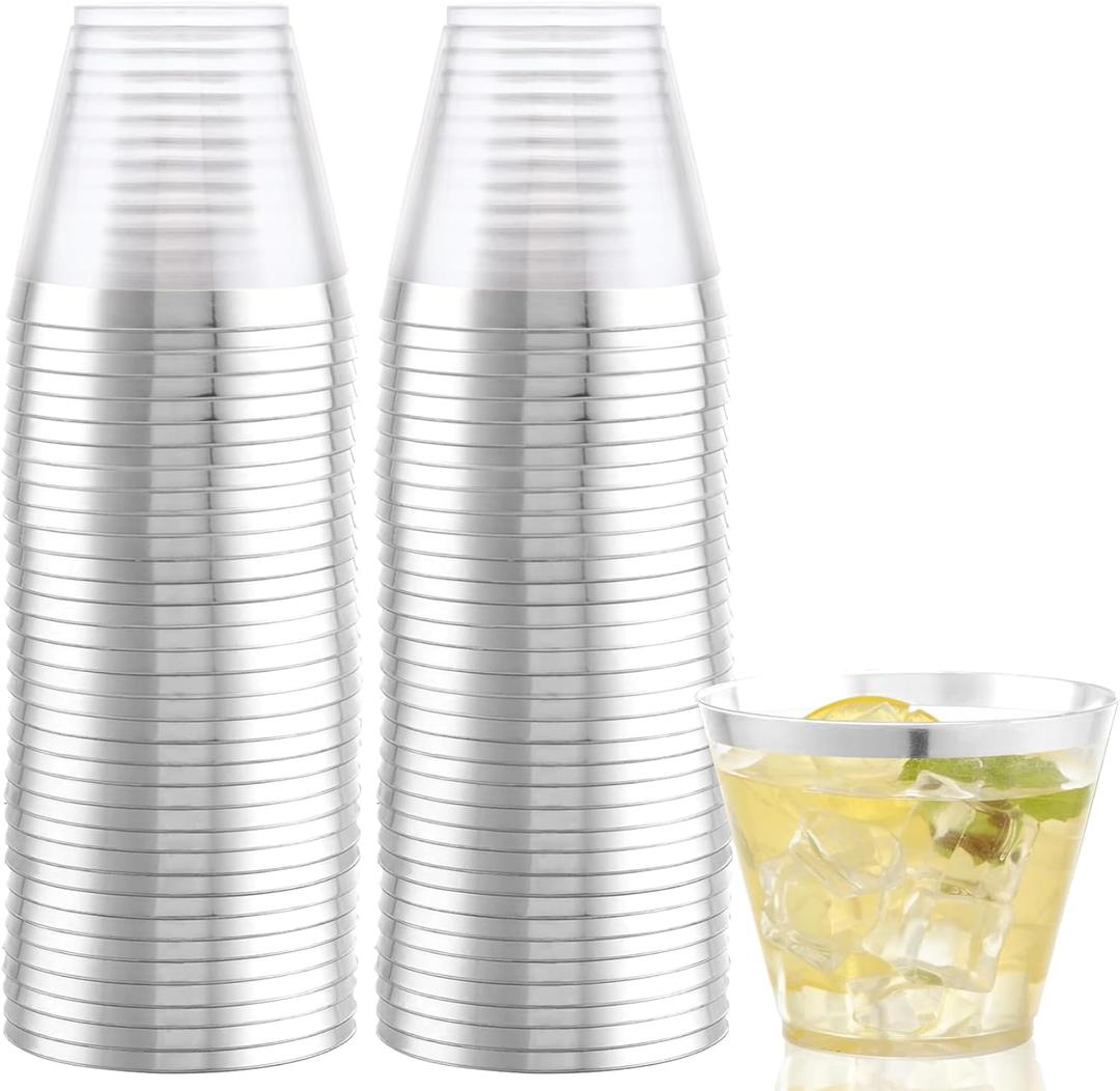 Hioasis 100Pcs 9OZ Clear Plastic Cups with silver Trim - Plastic Disposable Cups, Heavy Duty & BPA-free for Party, Wedding, Celebrations