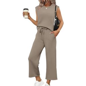 SAMPEEL Two Piece Sets for Women Casual Travel Vacation Outfits Summer Wide Leg Crop Pants Lounge Sets (Small, Brown)