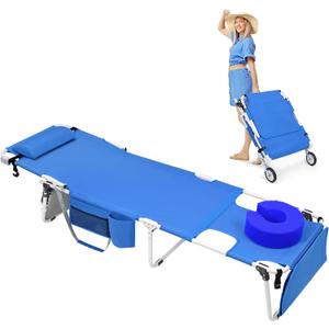 Wheel-To-Go Tanning Chair with Wheels & Face Hole Thicker Washable Adjustable, Heavy Duty Folding Lounge Chair, Outside Beach Sunbathing Reading Poolside, Lay Flat Sun Lounger, 300 LBS (Patent Design)