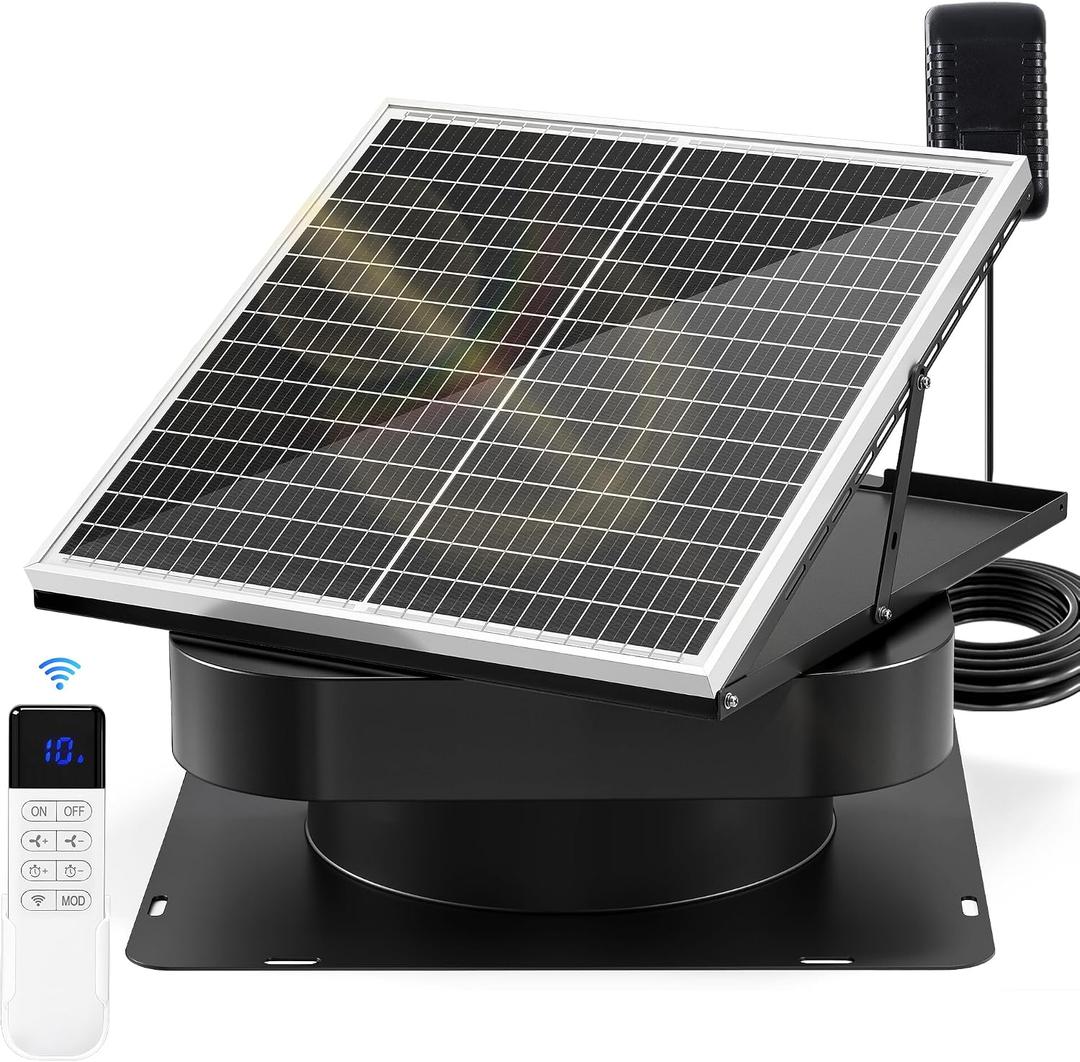 Hybrid Solar Attic Fan with Remote Control, Temperature Humidity Adjustment, 40 Watt Solar Powered Roof Exhaust Fan, 1500-1800 CFM Roof Vent Fan, Large
