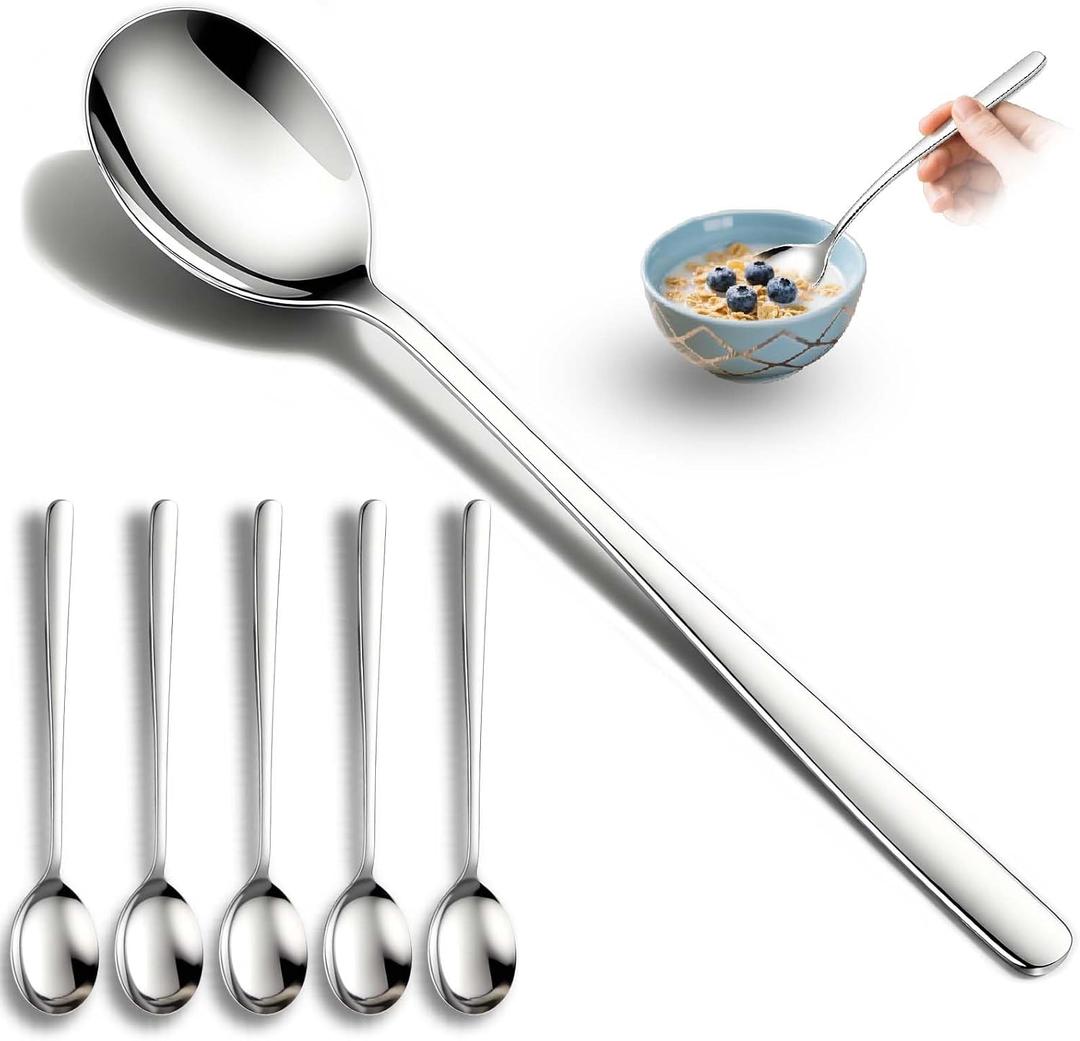Set of 5 Premium Korean Soup Spoons, 8 Inch 18/10 Stainless Steel Long Handle Rice and Asian Spoon for Home, Kitchen, Restaurant, Cafe, Dishwasher Safe