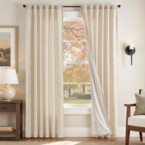 jinchan Winslow Lined Linen Curtains for Bedroom 84 Inches Linen Blended Embroidered Bordered Floral Curtains for Living Room Farmhouse Decor Window Treatments Ivory on Beige Drapes 2 Panels