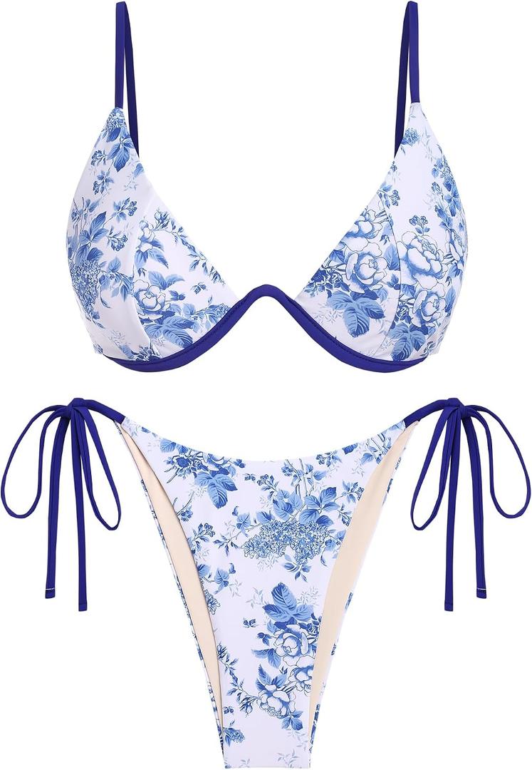 ZAFUL Women's Bikini Sets Ribbed Two Piece Swimsuits Underwire Adjustable Back Clasp Bathing Suit Side Tie Thong Swimwear (S)