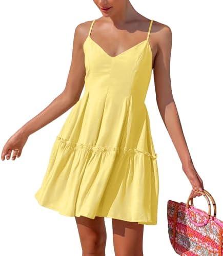 FANCYINN Women's Summer V Neck Casual Swing Short Dress Spaghetti Strap Tiered Backless Dresses with Pockets, XL