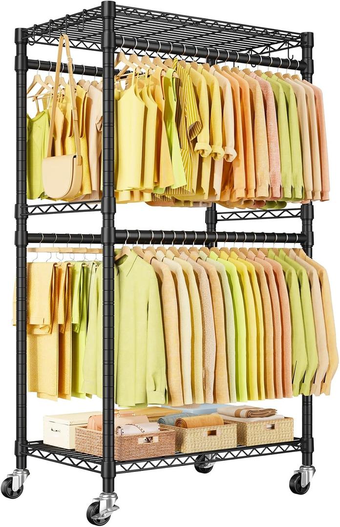ULIFHOME P4 Rolling Clothes Rack Heavy Duty, Clothing Racks for Hanging Clothes, Freestanding Garment Racks with Wheels, Metal Portable Closet Rack 35.5''W 20.5''D 80.5''H, Max Load 560Lbs, Black