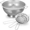 Norme 5 Quart Stainless Steel Silver Colander and 3 Pcs Silver Fine Mesh Strainer, Stainless Steel Pasta Rice Food Metal Strainer with Handles, Easy Clean and Dishwasher Safe