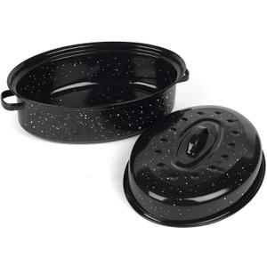 16 Inch Roasting Pan with Lid - Covered Oval Roaster - Enamel Carbon Steel Roaster Pot - Excellent Heat Distribution and Non-sticky - for Turkey Chicken Meat & Vegetables -Birthday and Holiday gifts