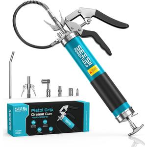 Seesii Upgraded 8000PSI Grease Gun Kit: Heavy Duty Pistol Grip Grease Gun with 14oz Capacity, Quick-Release Coupler, 90Adapter, Flexible Hose, Rigid Pipe for Automotive, Agricultural, Industrial