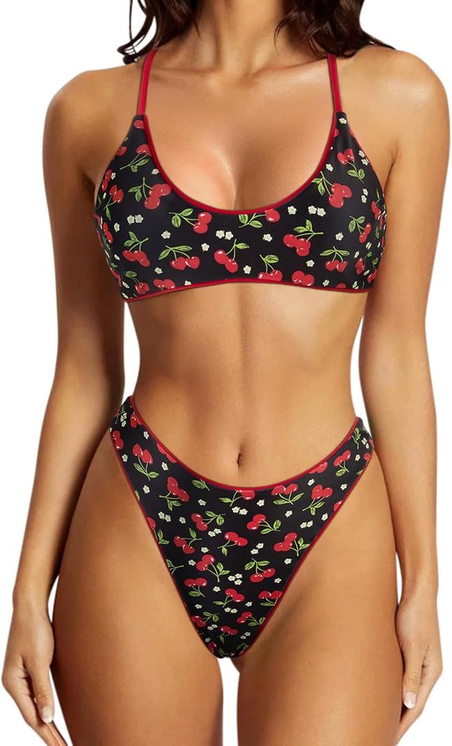SUUKSESS Women High Waisted Thong Bikini Set Reversible String 2 Piece Swimsuit (Small, 56 Red Cherry)