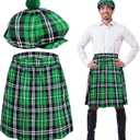 Funtery 2 Pcs St. Patrick's Day Costume Kit Irish Plaid Green Kilt for Men Scottish Tam with Pompom Tartan Skirt Kilts St Patricks Day Scottish Hat for Men Women