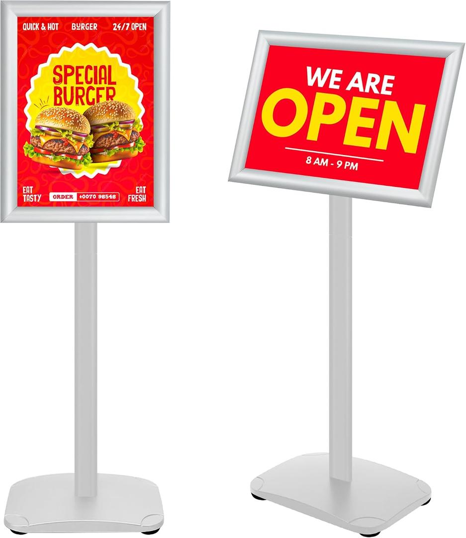 Heavy Duty Standing Sign Holder 8.5x11 Inch - Pedestal Floor Sign Stand with Weighted Base - Vertical & Horizontal View Poster/Menu Holder for Indoor/Outdoor Business Store Advertising, Silver