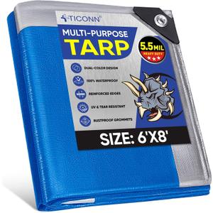 TICONN Heavy Duty Tarp Cover, Extra Thick Tarps Waterproof Tear and Rip Proof UV Resistant Tarpaulin with Reinforced Grommets and Edges (5.5 Mil, 6'x8')