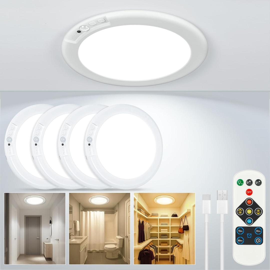 Rechargeable Ceiling Light No Wiring - Battery Operated Led Lights for Bedroom with Remote, Motion Sensor Night Light Indoor Hallway, Living Room, Bathroom, Home & Kitchen Decor Lighting (4) (Multicolor)