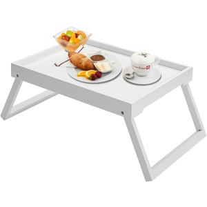 Bamboo Bed Tray Table with Foldable Legs, Breakfast Tray, Laptop Desk for Bed or Sofa,Food,Dinner,Serving,TV Table,Kitchen,Eating,Working (White)