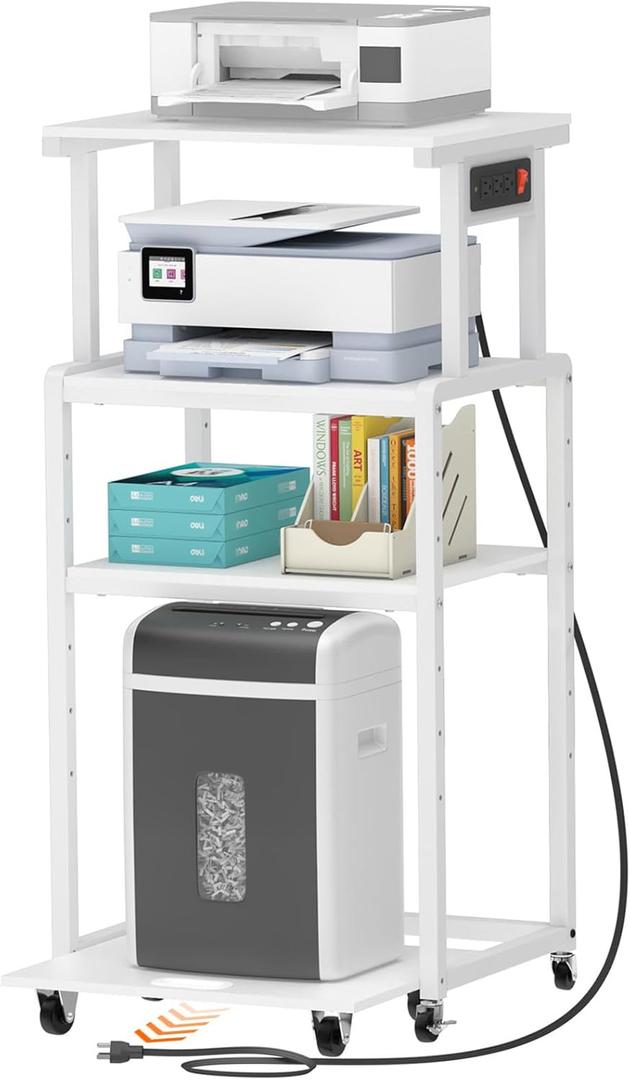 Lifewit 4 Tier Printer Stand with 3 Power Outlets, Wheels and Adjustable Storage Shelf for Home Office, Rolling Printer Cart for Shredder, Scanner, Fax, White
