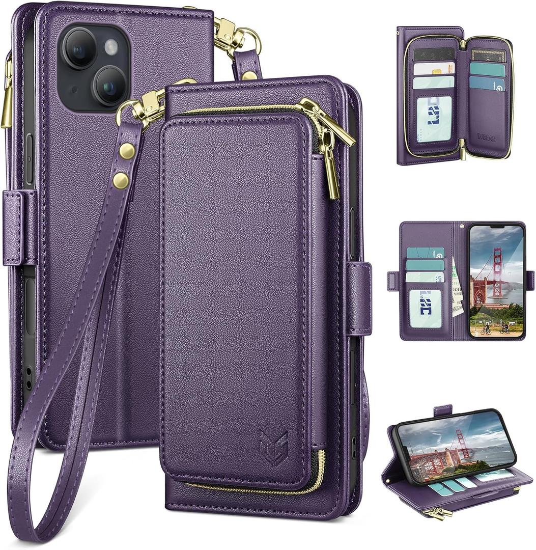 DJBEAR for iPhone 13 6.1" Wallet Case for Men & Women, All-in-One Flip Folio Cover with 9 Card Slots, Zipper Pocket, Detachable Wrist Strap, Full Body Protection for Apple 13 Dark Purple