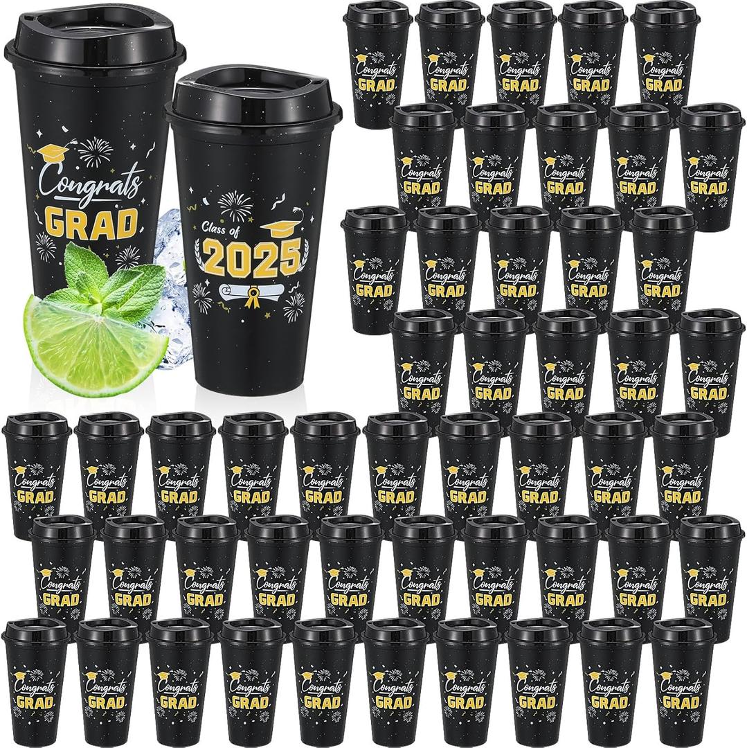 Skylety 50 Pcs Graduation Cups 2025, 16 oz Reusable Coffee Plastic Cups with Lids Graduation Party Cups for Grad Party Supplies Decorations Graduation Gift for Students Friends Classmates (Black)