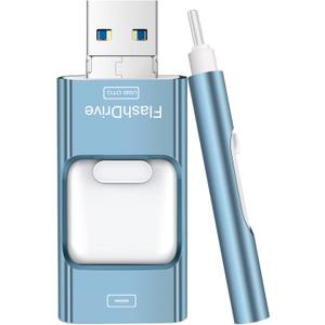 Thumb Drive for iPhone 128GB, 4 in 1 USB Type C Memory Stick, Photo Stick External Storage Falsh Drive for iPhone iPad Android Computer, Sky Blue