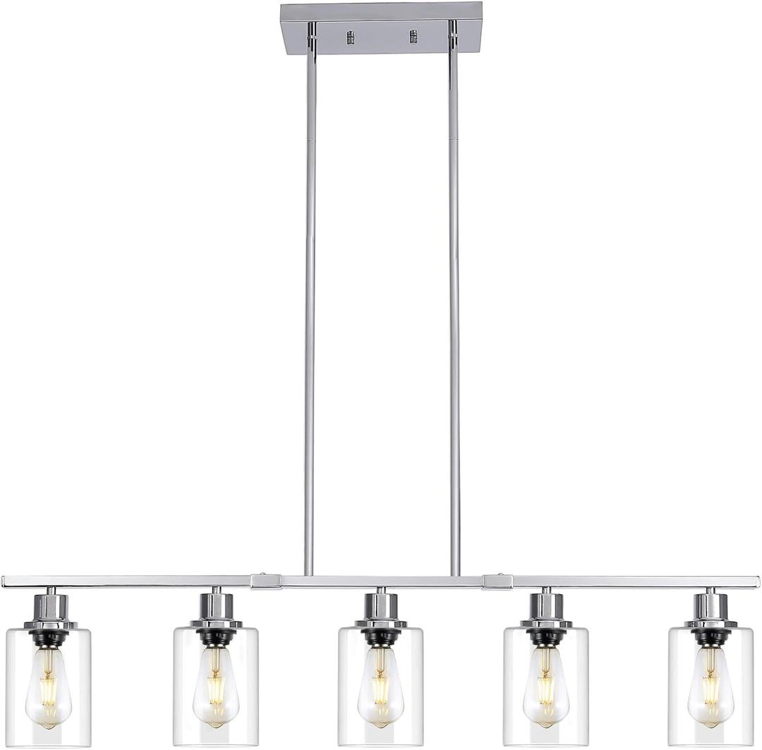 39.4" Kitchen Island Lighting, 5 Lights Clear Glass Pendant Light Fixtue, Chrome Linear Metal Chandelier for Dining&Living Room Foyer,Height Adjustable,E26 Socket