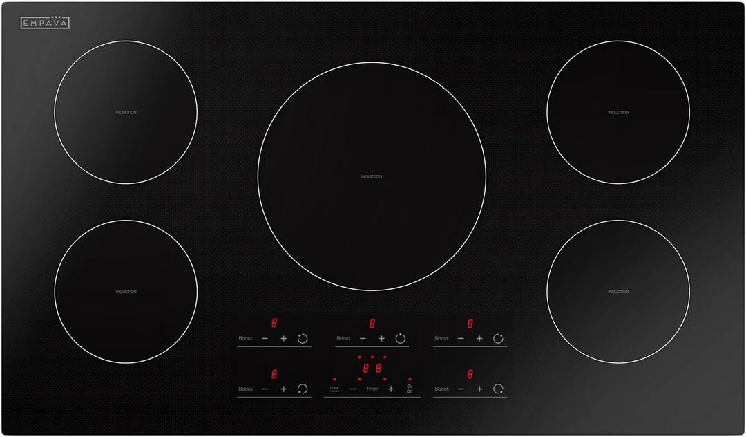 Empava 36 Inch Built-In Electric Induction Cooktop, 5 Zone Smooth Glass Surface, Touch Sensor Panel, Power Boost, Timer Control, Child Lock Feature, Hardwired Kitchen Appliance