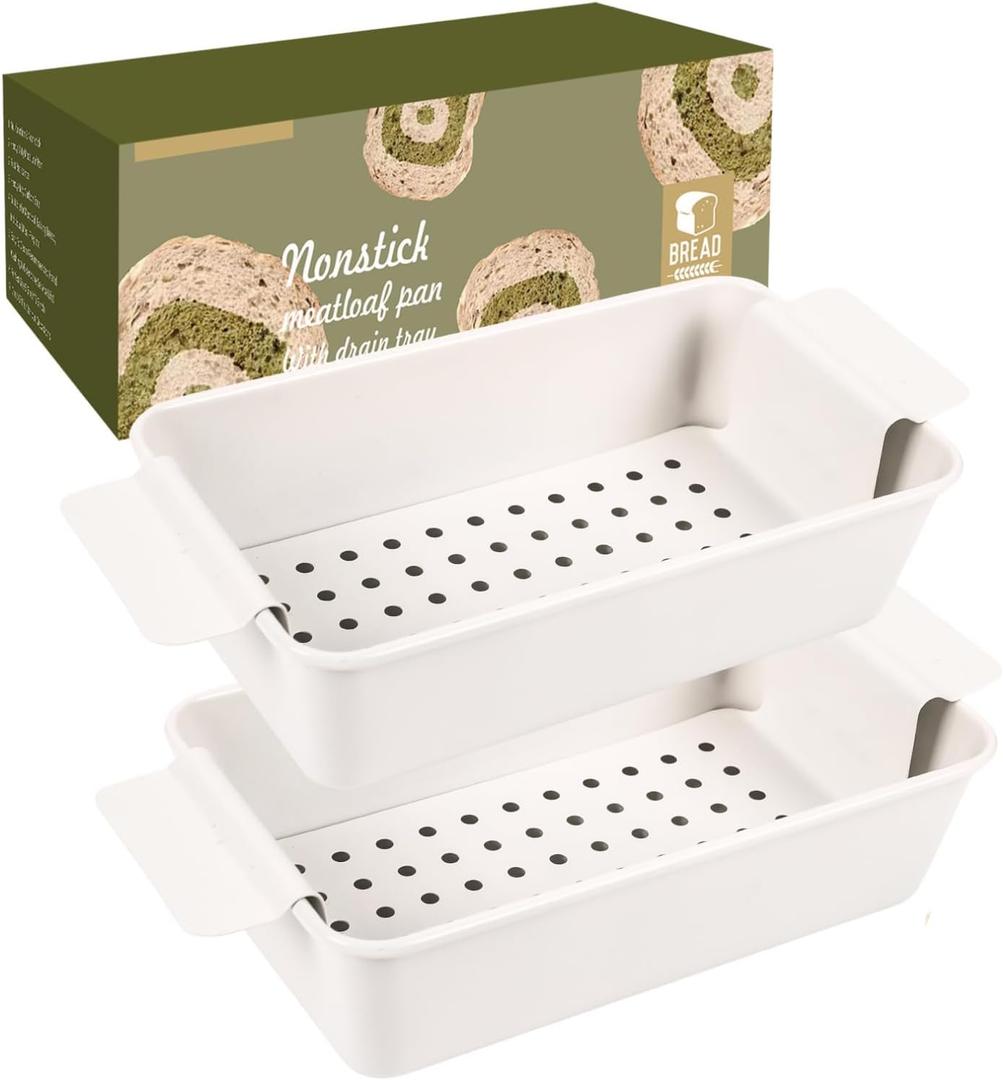 2-Piece Beige Meat Loaf Pan with Drip Tray, Grease Draining Design, Non-Stick 9x5 Loaf Pan, Perfect for Baking Bread and Meatloaf and Homemade Baking