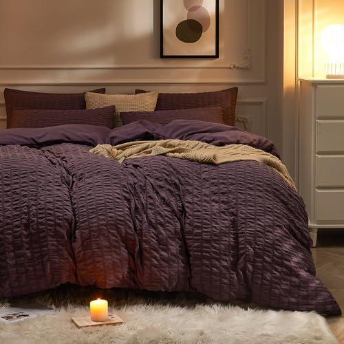 JELLYMONI Purple Duvet Cover Queen Size, 3pcs Washed Microfiber Bedding Set, Soft Breathable Seersucker Duvet Cover Set with Zipper Closure and Corner Ties for All Seasons