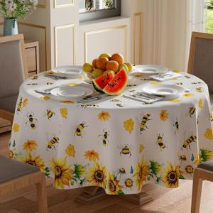 XCHI Yellow Sunflower White Daisy Bees Honey Summer Tablecloth Round Washable Table Covers for Indoor Outdoor Dining Home Party Decorations 70x70 Inch