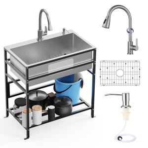 30x18 Inch Stainless Steel Utility Sink-Freestanding Laundry Sink Practicality With Accessories Stainless Functional Faucet,Soap Dispenser, SS Sink Grid For Laundry,Garage,Outdoor Kitchen,Garden