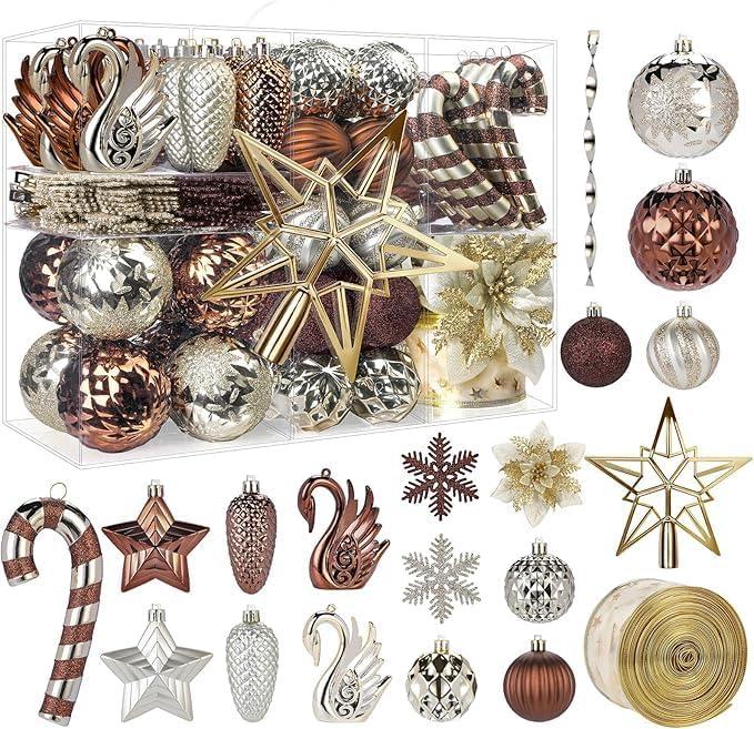 128pcs Christmas Balls Ornaments Set, Shatterproof Plastic Baubles Christmas Flowers, Ribbon for Xmas Tree Holiday Wedding Party Decorations with Hanging Strings,Champagne Gold and Brown