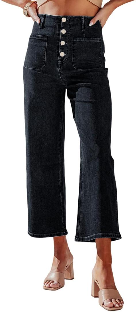 Sidefeel Women's Wide Leg Jeans High Waisted Zimbaplatinum Stretchy Straight Leg Jeans Buttoned Loose Denim Pants with Pocket (10, Black)