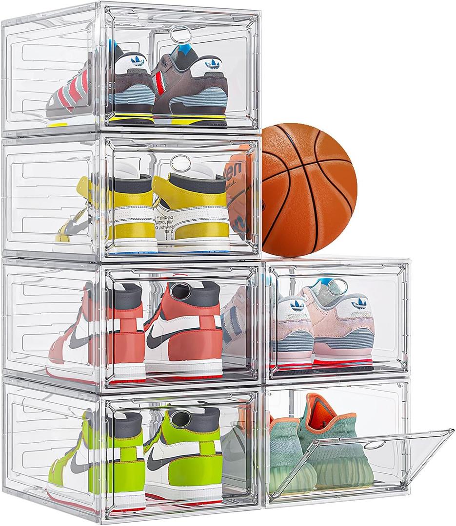 Thicken & Sturdy Clear Shoe Storage Organizer with Magnetic Door, Stackable Boxes for Closet, Foldable Space-Saving Shoe Rack for Sneaker Boot Container, Plastic Shoe Cabinet Shoe Box 6 Pack, White (6 pcs, White)