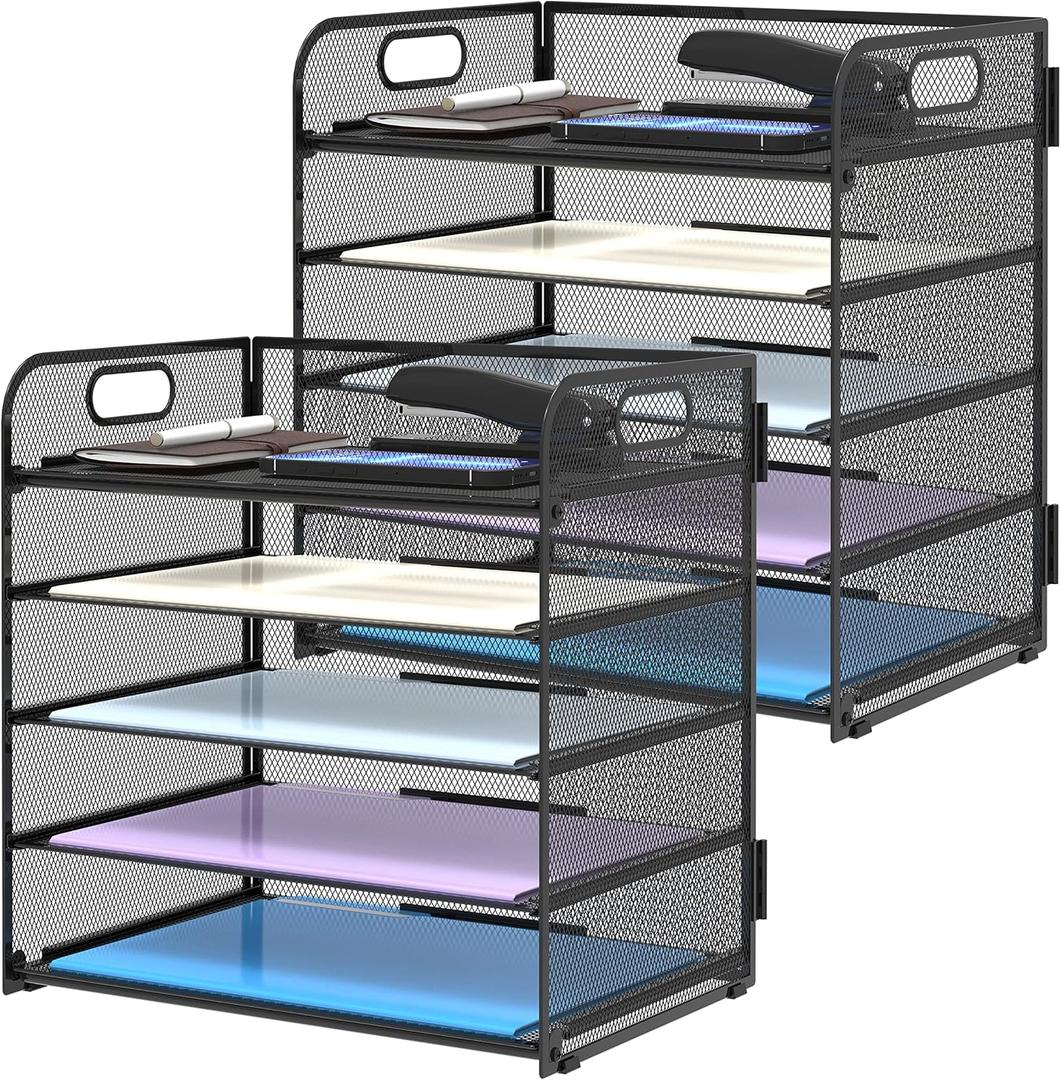 Supeasy 2 Pack 5-Tier Desk Organizer with Handle Mesh Desk File/Paper Organizer Letter Tray for Office, School, Classroom and Home Easy Installation, Black