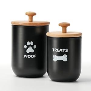 OTTENON Dog Treat Container Set of 2, Dog treat jar with Airtight Lid, Small dog food container, Dog Cookie Jar for kitchen Counter, Treats Canister, Pet Treat Container 8.3x4.9 & 7.1x4.3 (Black)