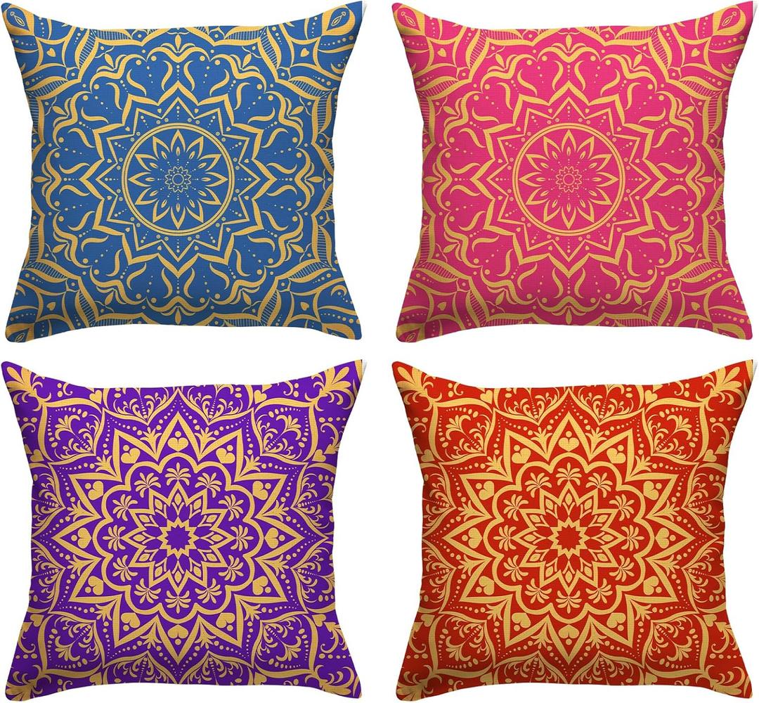 Indian Colorful Throw Pillow Covers 18x18 Set of 4 Diwali Pillow Case Diwali Decor Indian Diwali Holi Decorations and Supplies for Home