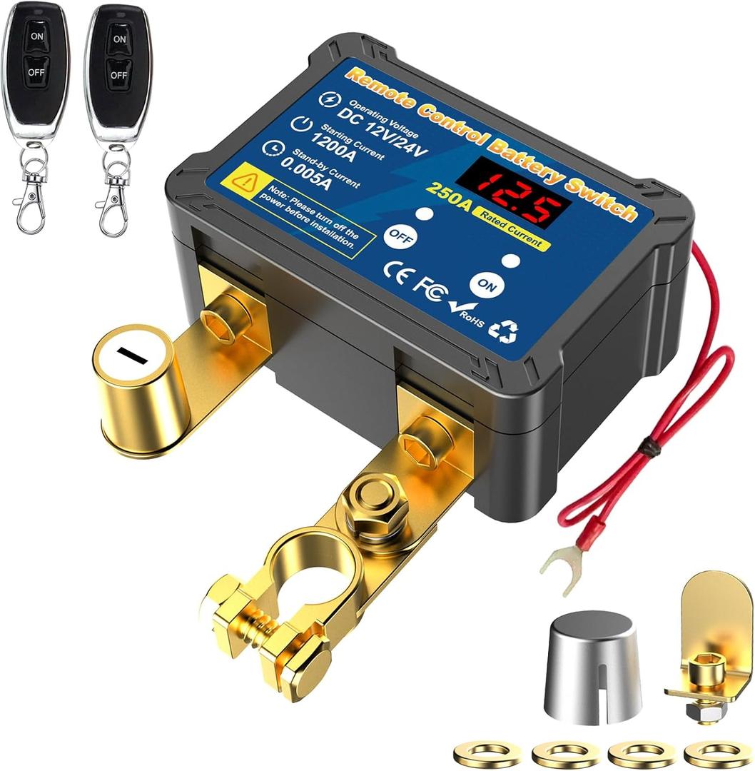 Remote Battery Disconnect Switch 12v, 250A, Upgrade Prevent Battery Drain, Disconnect Negative Car Kill Switch AntiTheft, Remote Battery Kill Switch for Car, Truck, RV