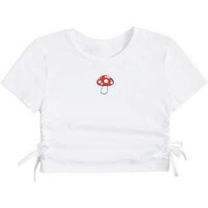 SHENHE Girl's Mushroom Print Short Sleev Crop Tops Ruched Drawstring Tee T Shirts