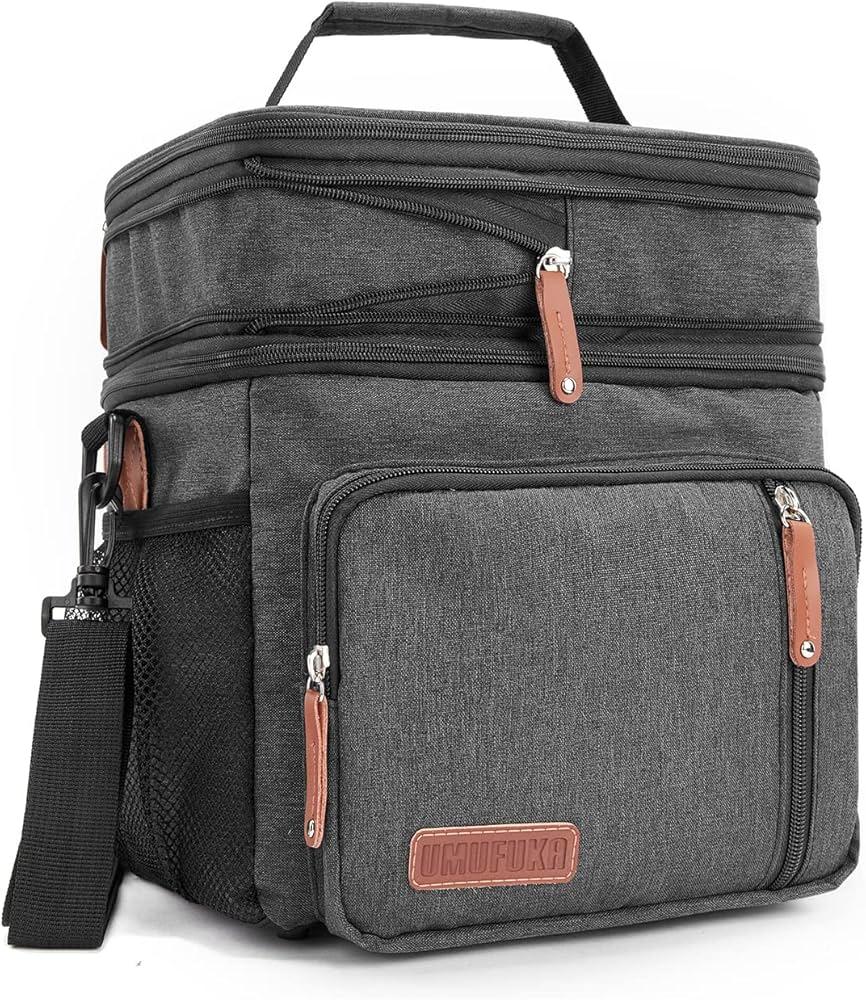 UMUFUKA Men's Double/ Women's Compartment Lunch Bag, Insulated Lunch Cooler Tote 2 Roomy Large Reusable Water-resistant Lunch Box (Black)