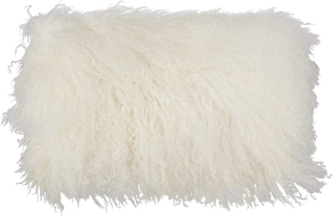 SARO LIFESTYLE Mongolian Lamb Fur Poly Filled Throw Pillow (12"x20", Ivory)