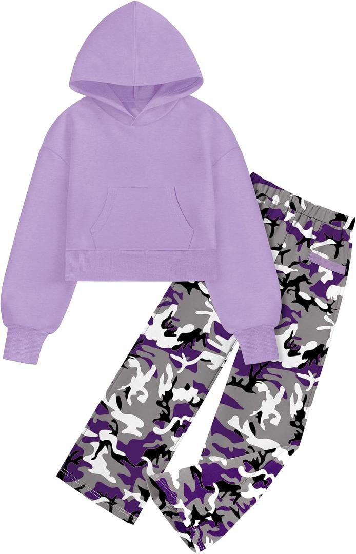 Girls Clothes Solid Crop Tops Hoodie Clothing Sets Straight Leg Sweatpants 2 Piece Outfits Fall Winter 6-14Y (11-12 Years, Purple Camo)