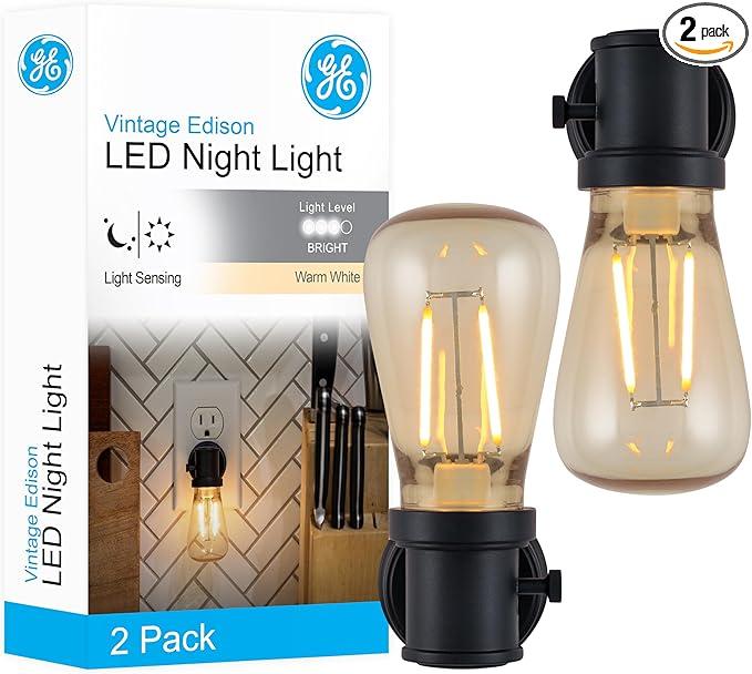 GE Vintage LED Edison Night Light, Plug-in, Dusk to Dawn, Farmhouse Decor, Mood Lighting, Home Decor, Ambient Lighting, LED Lights for Bedroom, Bathroom, Kitchen, Hallway, Black, 1Pack, 71349