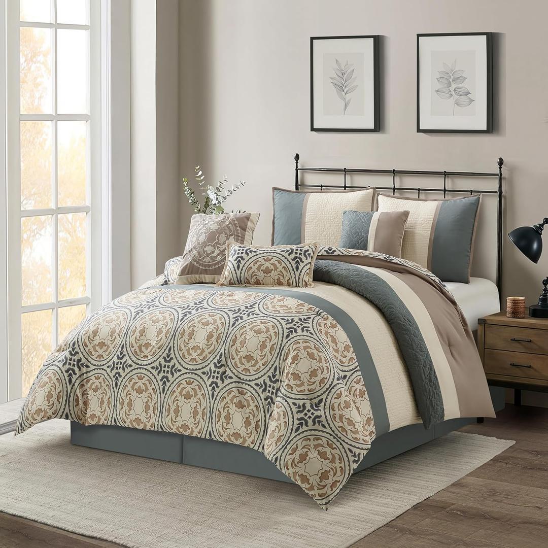 Stratford Park Multi-Color Comforter Sets King Size Bed, 7 Piece, Matching Pillow Shams & Bedskirt