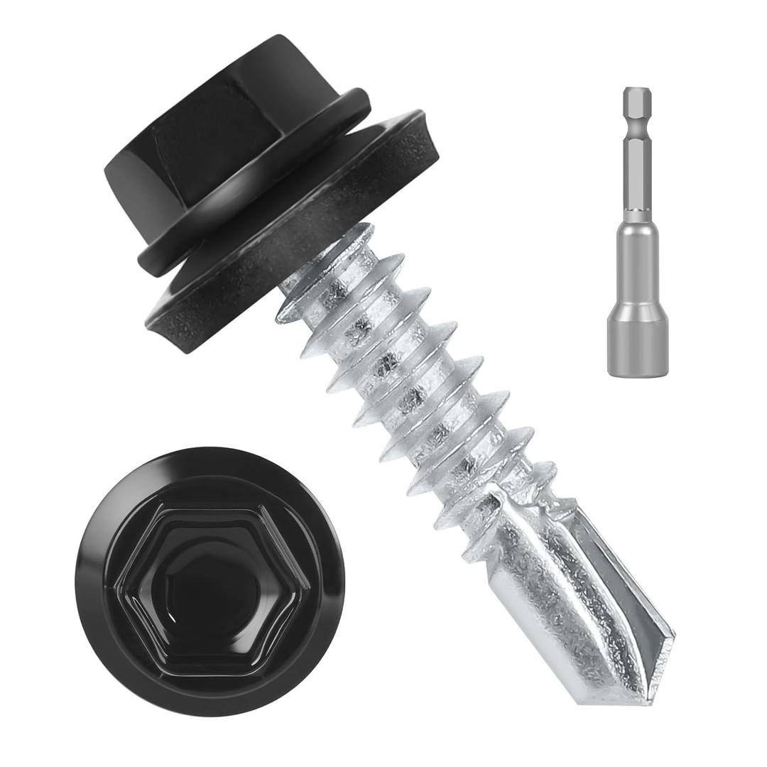 #10 x 3/4" (200 PCS) Black Metal Roofing Screws with Rubber Washer, Hex Head Self Tapping Screws for Metal, Self Drilling Sheet Metal Screw