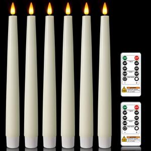 Homemory 9.6 Inches Waxy Flameless Taper Candles with Remote Timer Dimmer, Flickering LED Candlesticks, Battery Operated Window Candle for Christmas Wedding Home Decor, Ivory, 6 Pcs