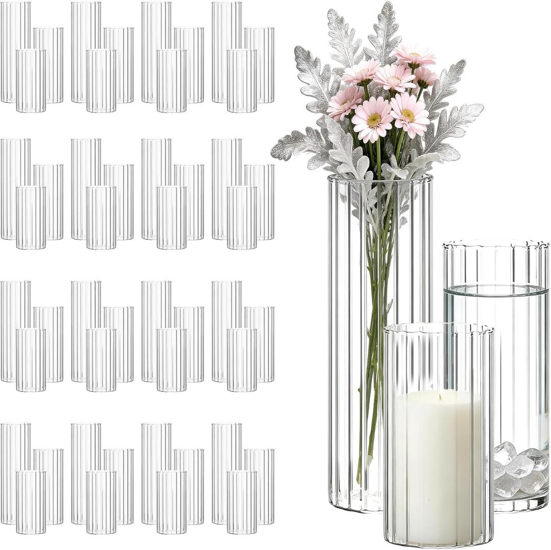 24 Pcs Bulk Ribbed Glass Vases & Hurricane Candle Holders, 2.6" x 5/6/8 Assorted Heights, Thickened Shatter-Resistant Clear Glass, Centerpieces for Wedding, Outdoor Party & Home Table Decor